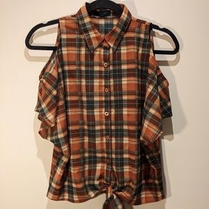 Orange and Green plaid cold shoulder blouse with tie and the bottom